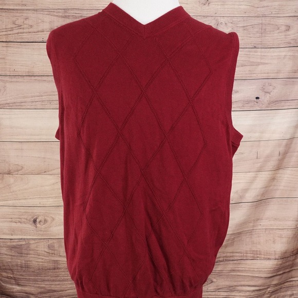 VINTAGE ROUNDTREE & YORKE SLEEVELESS RED ARGYLE COTTON SWEATER VEST SIZE L LARGE - Picture 2 of 5